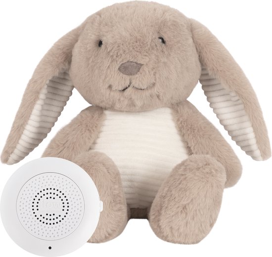 Zittende bruine knuffel met een wit geribbelde buik en een witte geluidsmodule ernaast.