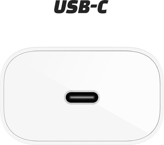 Witte USB-C oplader, close-up van de USB-C poort.