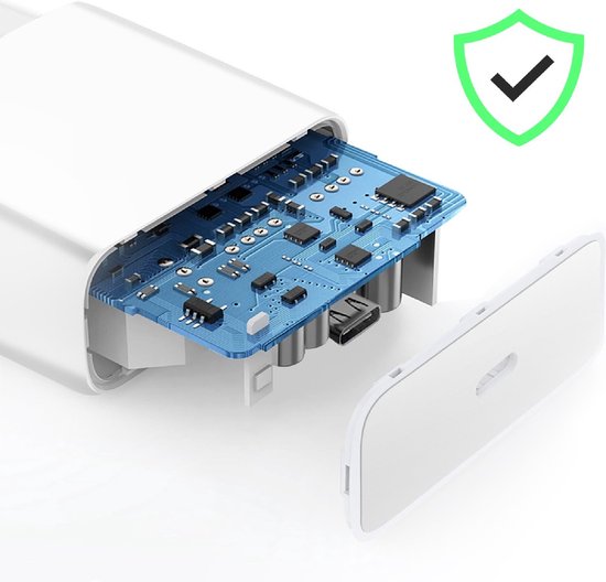 Binnenzijde van een witte oplader, met printplaat en USB-C poort.