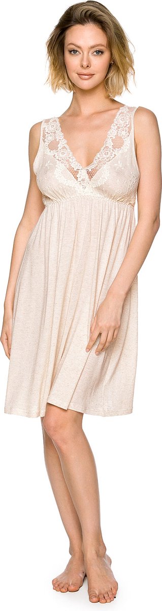 Dames Nachtjapon Juno-Crèmekleurig-Franse Kant-Knielengte-Zachte Viscose & Linnen Mix-Maat S