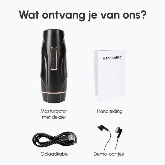 Inhoud van de verpakking: zwarte masturbator met deksel, handleiding, oplaadkabel en demo-oortjes.