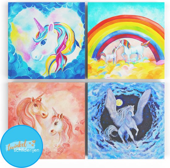 Wanddecoratie meisjeskamer eenhoorn - 4 stuks Eenhoorn unicorn wanddecoratie voor meisjeskamer - Roze canvas schilderij - Twinkelschilderijen | Incl. GRATIS ophangsysteem | Totaal 40x40 cm
