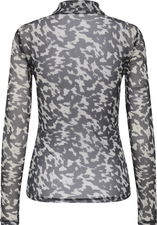 Longsleeve met hoge hals en abstracte print in nachtblauw en beige, van achteren gezien.