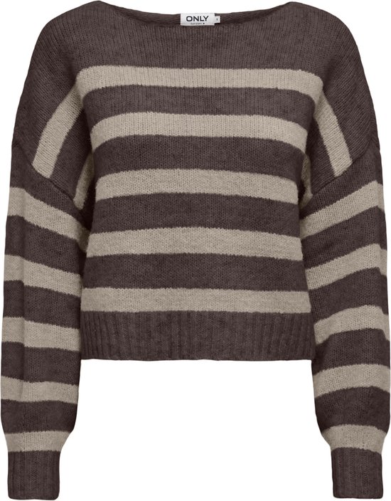 Bruine gebreide trui met beige horizontale strepen en boothals.