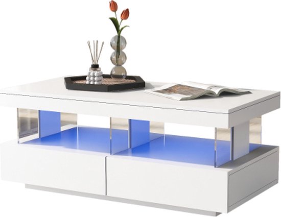 BRYXR Salontafel met LED-verlichting, hoogglans woonkamertafel met 2 geruisloze laden en open vak, elegante bijzettafel voor woonkamer en kantoor (Zwart