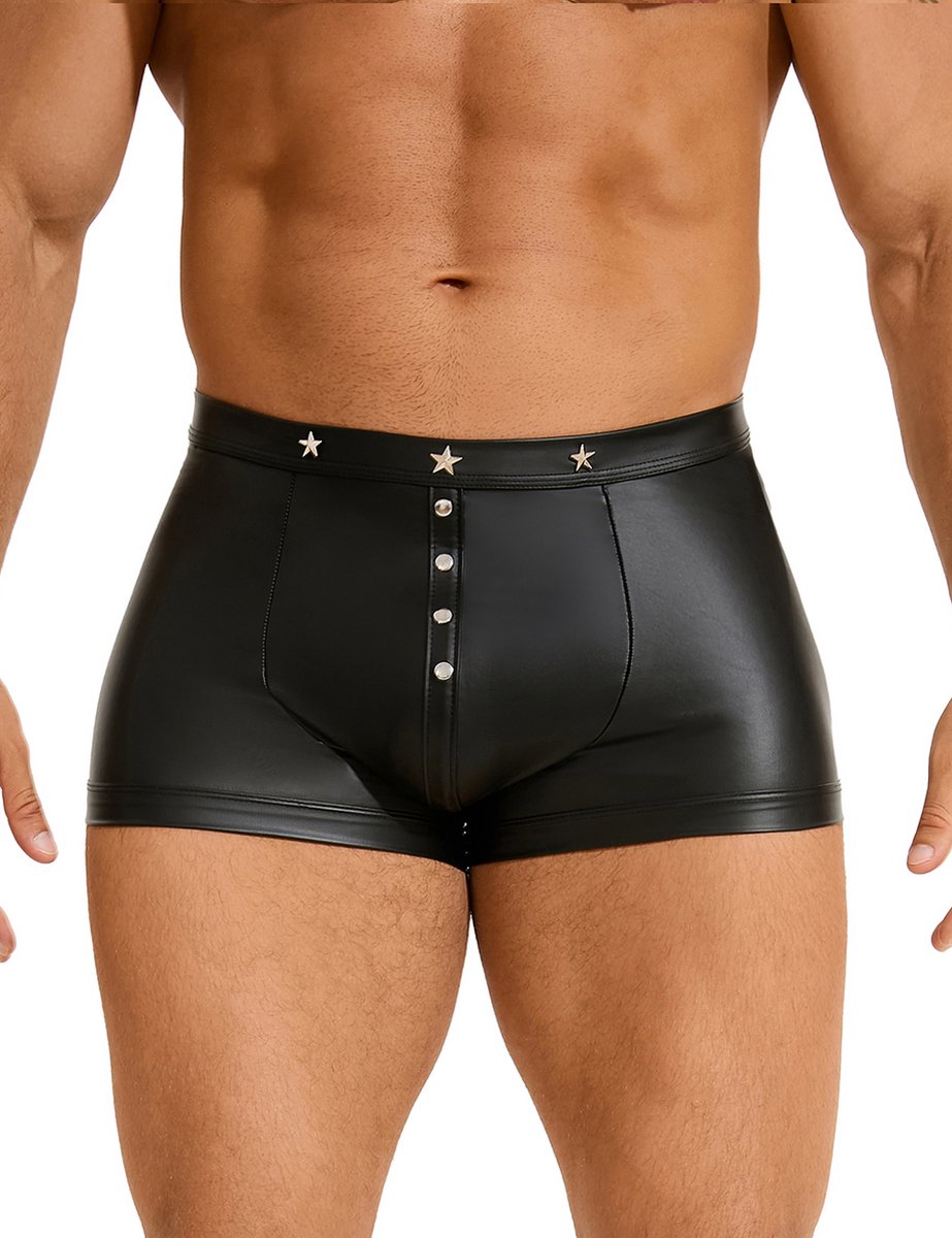 Goedkoopste Zwarte sexy leren heren boxershorts - maat L/XL - black sexy leather men boxers underwear -BDSM - clubwear heren ondergoed erotiek mannen boxer