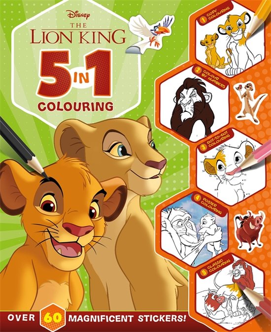 With dot-to-dot, colour-by-numbers, copy colouring, and more!- Disney The Lion King: 5 in 1 Colouring