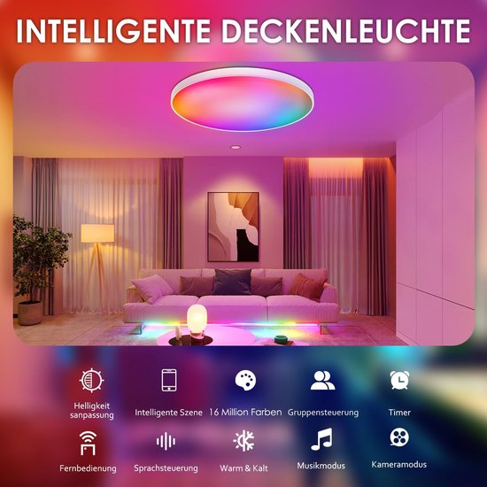 Ronde Plafondlamp 3000K-6500K, LED Dimbare Moderne Plafondlamp, Plafondverlichting Met Afstandsbediening APP, Voor Kantoor Slaapkamer Woonkamer Keuken-Black|3 Rings