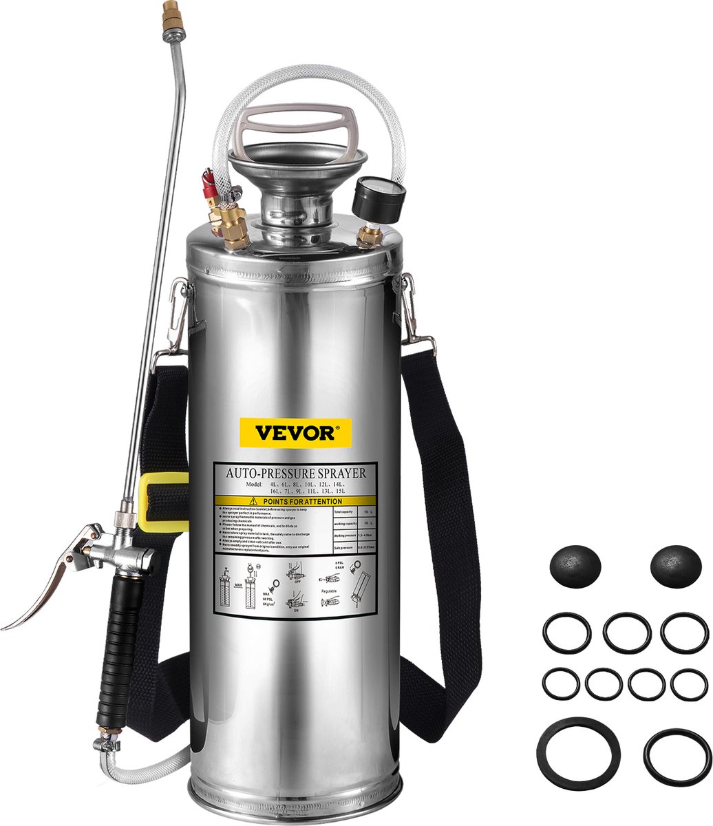 VEVOR Sproeier Rugspuit 3gal/10l Roestvrijstalen Sproeier Home Valve Pesticide Sprayer Promotion Pro