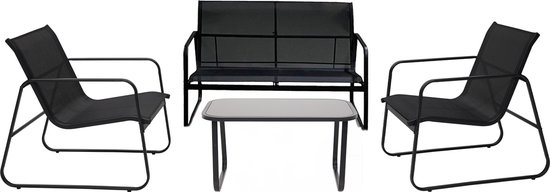 Infinity Goods Tuinset - Loungeset - Tuinmeubelen - Tuinbank - Tuinstoelen - Tuintafel - Glazen blad - 4 Persoons - Zwart/Antraciet