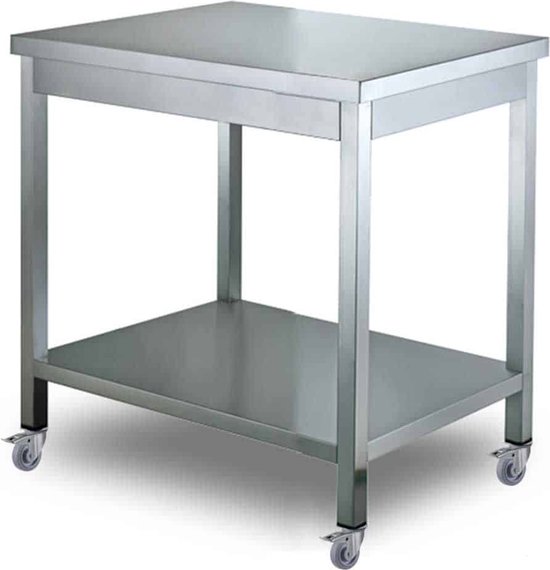 HCB® - Professionele Werktafel op wielen - 70 x 70 x 85 cm - RVS / INOX tafel - Horeca keuken werkbank - werkwagen - kookeiland - verplaatsbaar keukeneiland - werkblad - 60 kg - 7931
