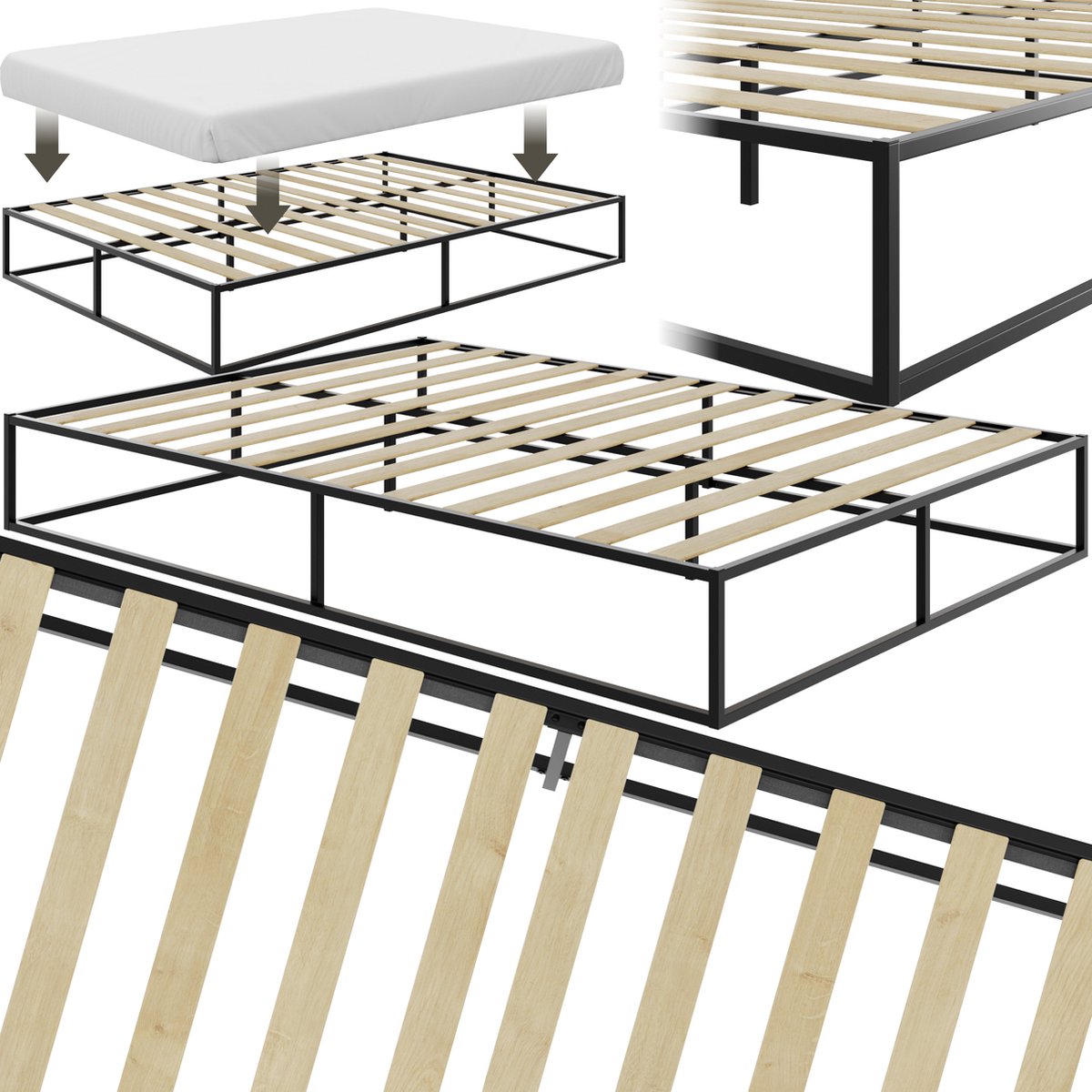 Tectake Bedframe - Metalen bedframe zonder hoofdbord- Incl. lattenbodem van populierenhout - Draagkracht 250 kg - Bergruimte onder het bed - 140 x 200 x 25,5 zwart