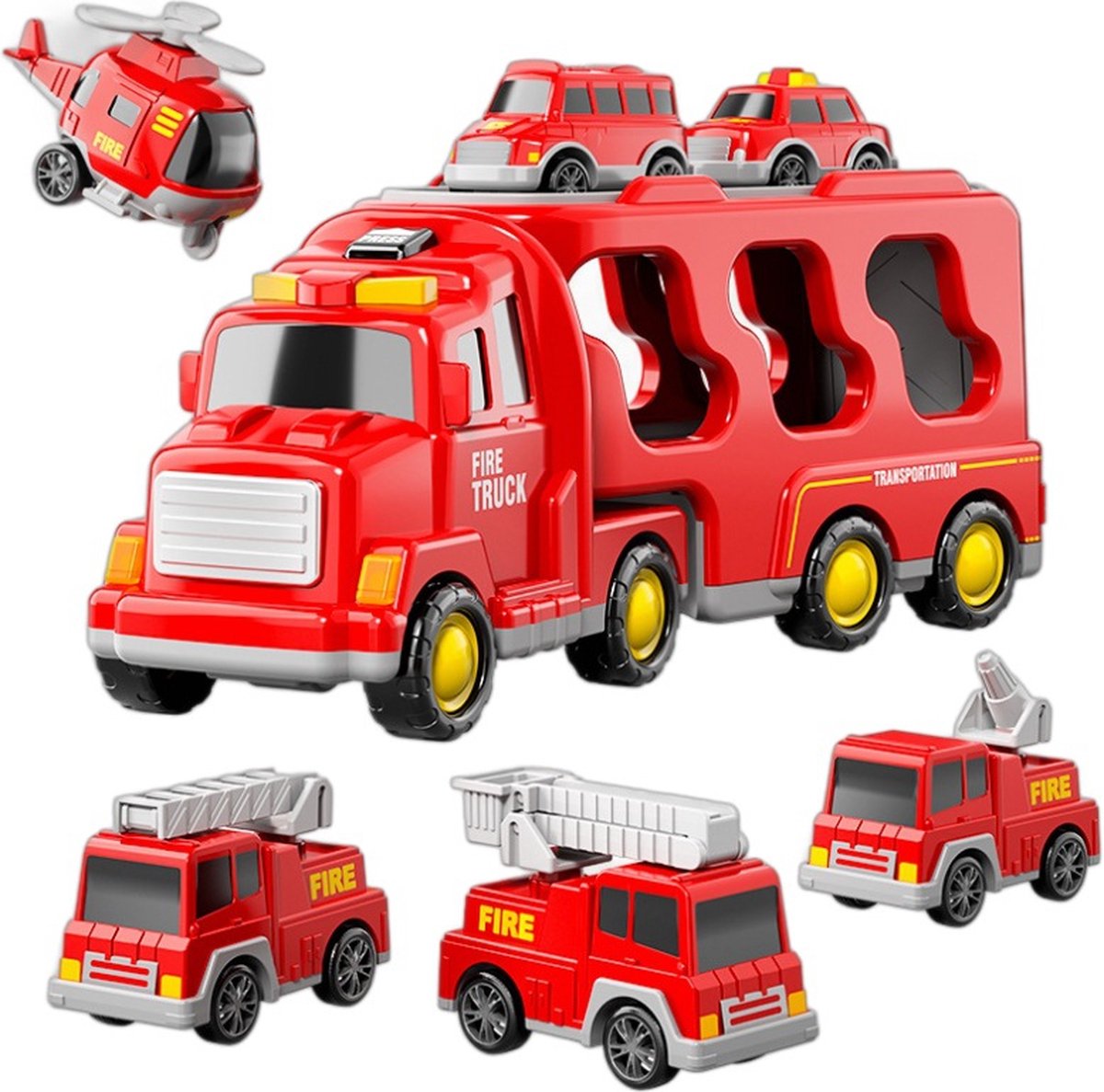 Speelgoed vrachtwagen 33cm met licht en geluid en vier kleine auto's - oplegger - speelgoed truck - brandweer - ONELIV — afbeelding 8