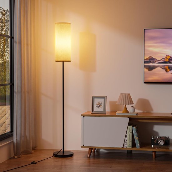 SUWIN Staande lamp woonkamer, Staande lamp dimbaar met afstandsbediening, Moderne verstelbare linnen kap, LED E27 8W Gloeilamp, voor slaapkamer, kinderkamer, hotel
