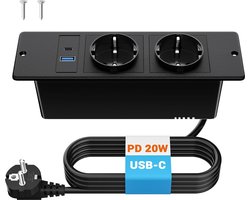 StayPowered Ingebouwde Tafelcontactdoos - Opladen zonder Rommel - USB & USB-C 20W PD - Compact Design - Makkelijke Installatie - 2 Stopcontacten - 2m Kabel - Ideaal voor Bureau of Nachtkastje - Zwart - Levering Sneller dan Aangegeven!