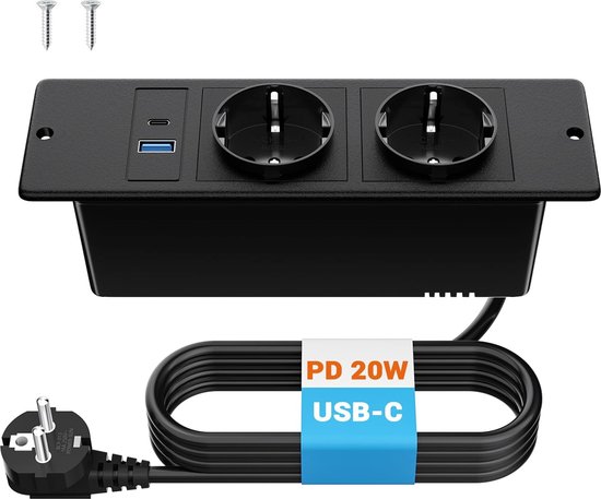 StayPowered Ingebouwde Tafelcontactdoos - Opladen zonder Rommel - USB & USB-C 20W PD - Compact Design - Makkelijke Installatie - 2 Stopcontacten - 2m Kabel - Ideaal voor Bureau of Nachtkastje - Zwart - Levering Sneller dan Aangegeven!