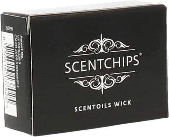 Zwarte Scentchips doos met witte tekst 'SCENTOILS WICK'.