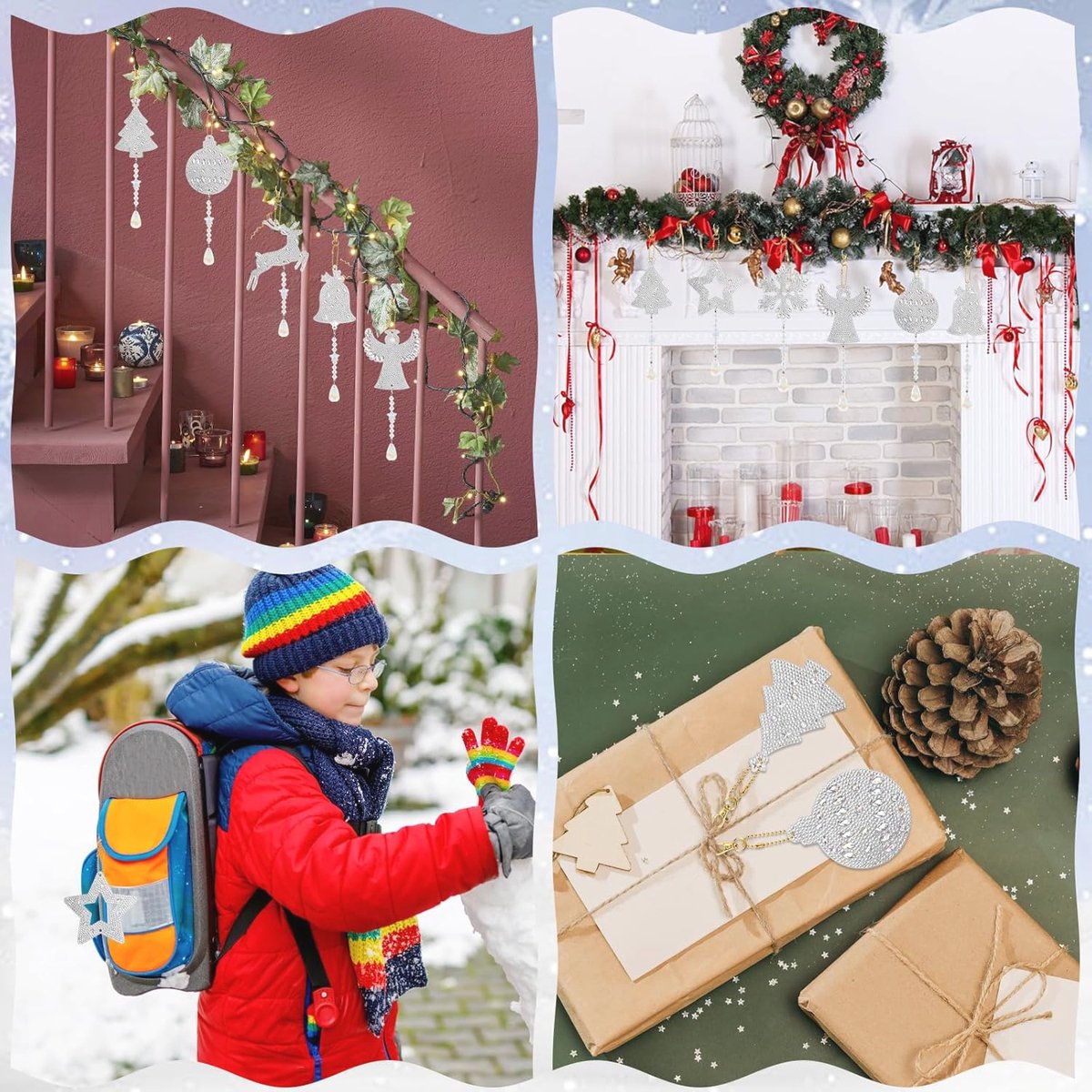 CXINLky DIY Diamond Art Painting hanger kerstkrans met ketting, diamant painting raamafbeeldingen, Kerstmis Diamond schilderij wandbehang kits voor raam muur tuin decor-06