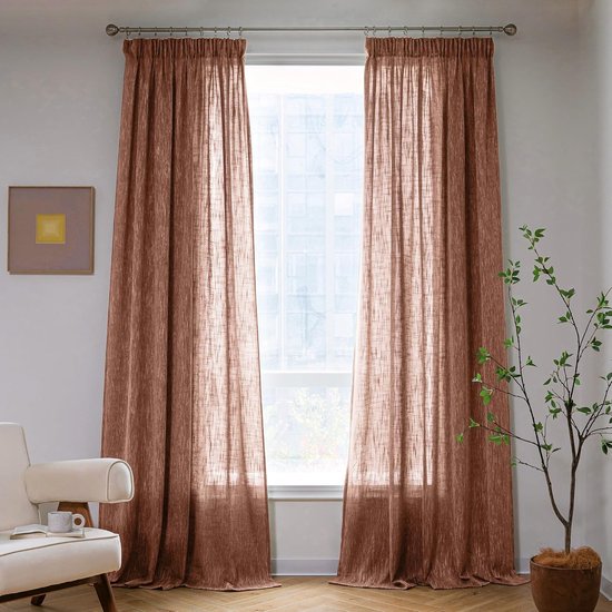 203322 Set transparante gordijnen, set van 2 gordijnen, voor de woonkamer, voile, loodband, H x B 245 x 140 cm, oranje