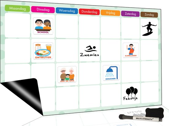 Brute Strength - Magnetisch Weekplanner whiteboard (8) - A4+ (33 x 21 cm) - Planbord - Familieplanner - Gezinsplanner - To Do Planner - Weekplanner kind