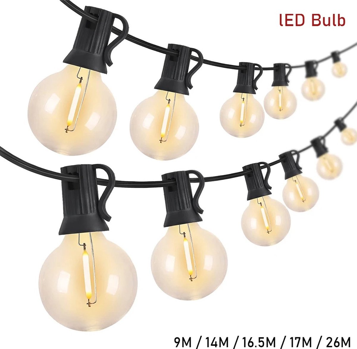 LED lampen - Slinger - Lichtsnoer - Buiten - Dimbaar - IP45 waterbestendig - 30 lampen (+ 1 reserve) - 16.5 meter - G40