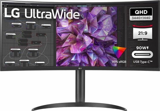 LG 34WQ75C-B - QHD IPS Curved Ultrawide Monitor - USB-C 90w - RJ45 - KVM Switch - 34 Inch
