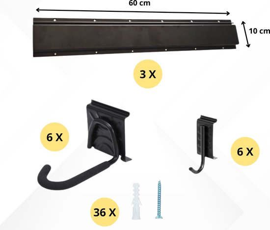 Zwarte metalen rail van 60 cm voor 3 haken. Inclusief 6 grote haken, 6 kleine haken en 36 schroeven.