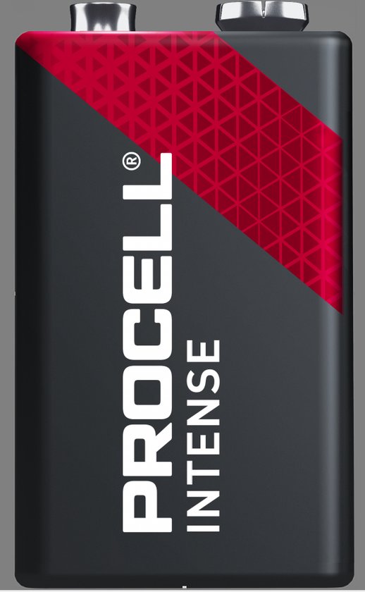 Zwarte Procell Intense 9V batterij met rode, geometrische opdruk.
