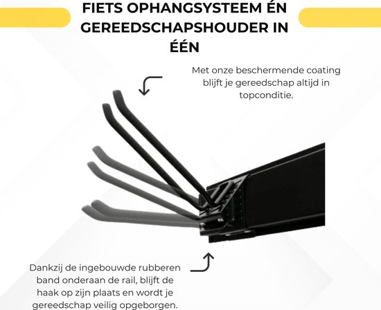 Zwarte haken met rubberen band om gereedschap veilig op te bergen.