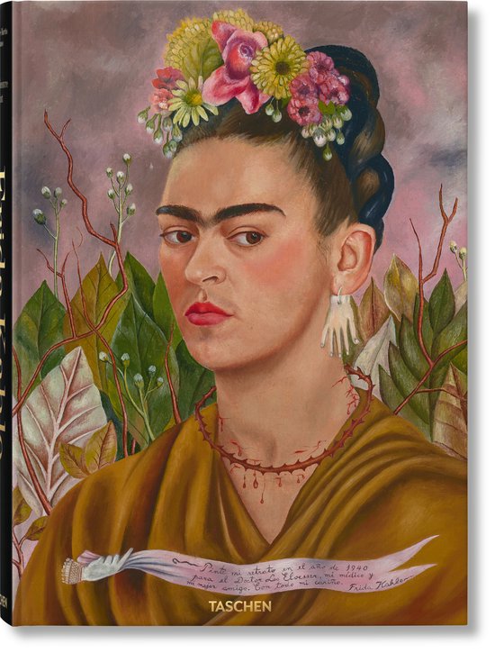 Frida Kahlo, Autoportrait au collier d'épines et colibri, 1940. Portrait avec couronne de fleurs et châle doré.