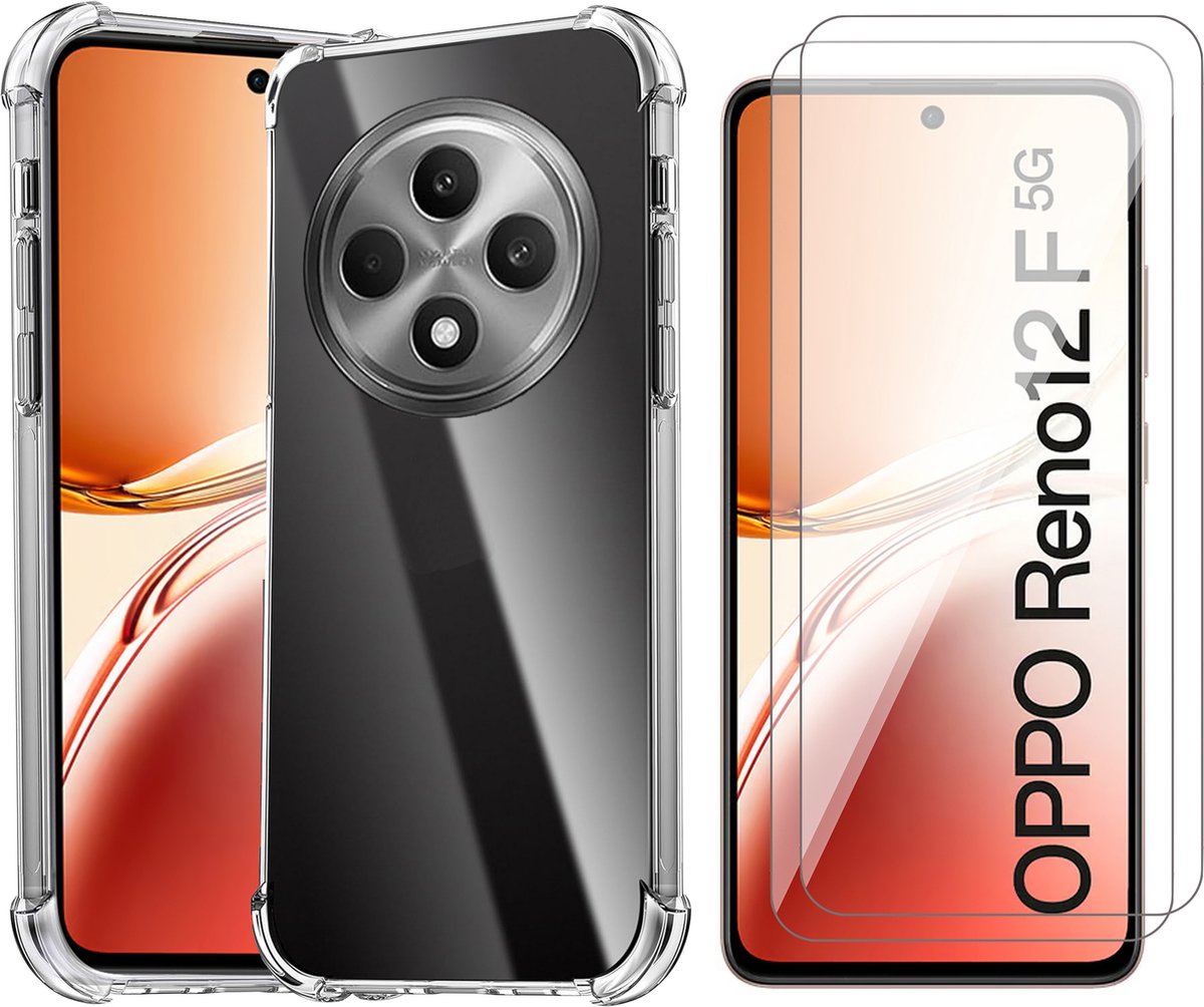 Hoesje geschikt voor Oppo Reno 12F / 12FS - 2x Screenprotector Glas - Shockproof Transparant