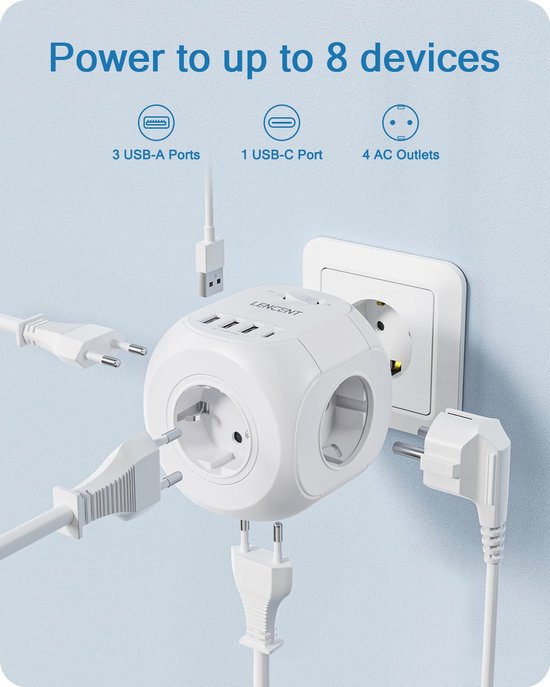 8 In 1 USB Aansluitblok met Stekkerdozen, USB-Oplader en Type-C Poort - Perfect voor Kantoor, Keuken en Woonkamer van Lencent — afbeelding 2