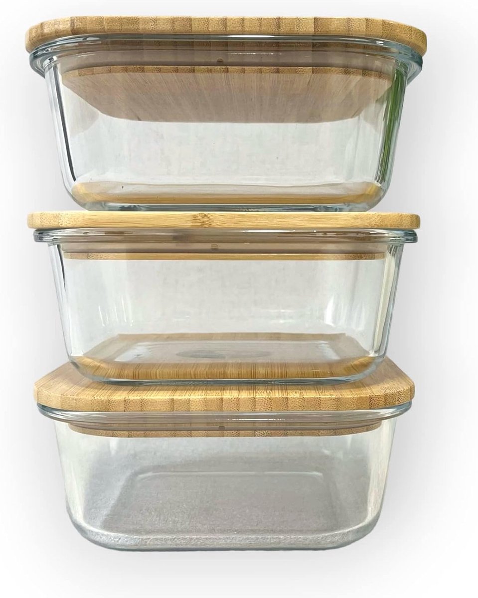Goedkoopste Vierkante glazen voedselcontainers set van 3 – Milieuvriendelijke opslagocontainers met bamboe deksel