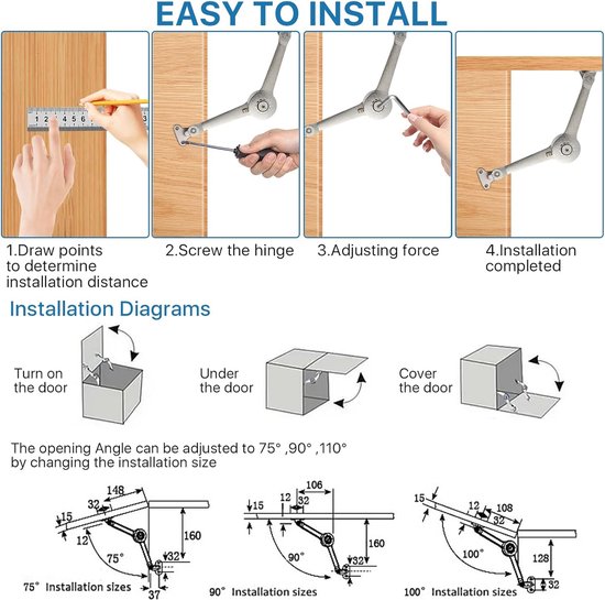 Installatie-instructies: tekenen, schroeven, aanpassen, voltooien. Diagrammen tonen 75°, 90°, 100° openingshoeken.