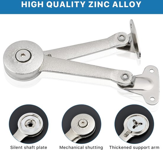 Zinkkleurig scharnier met "HOGE KWALITEIT ZINKLEGERING" en "SILENT SHAFT PLATE".