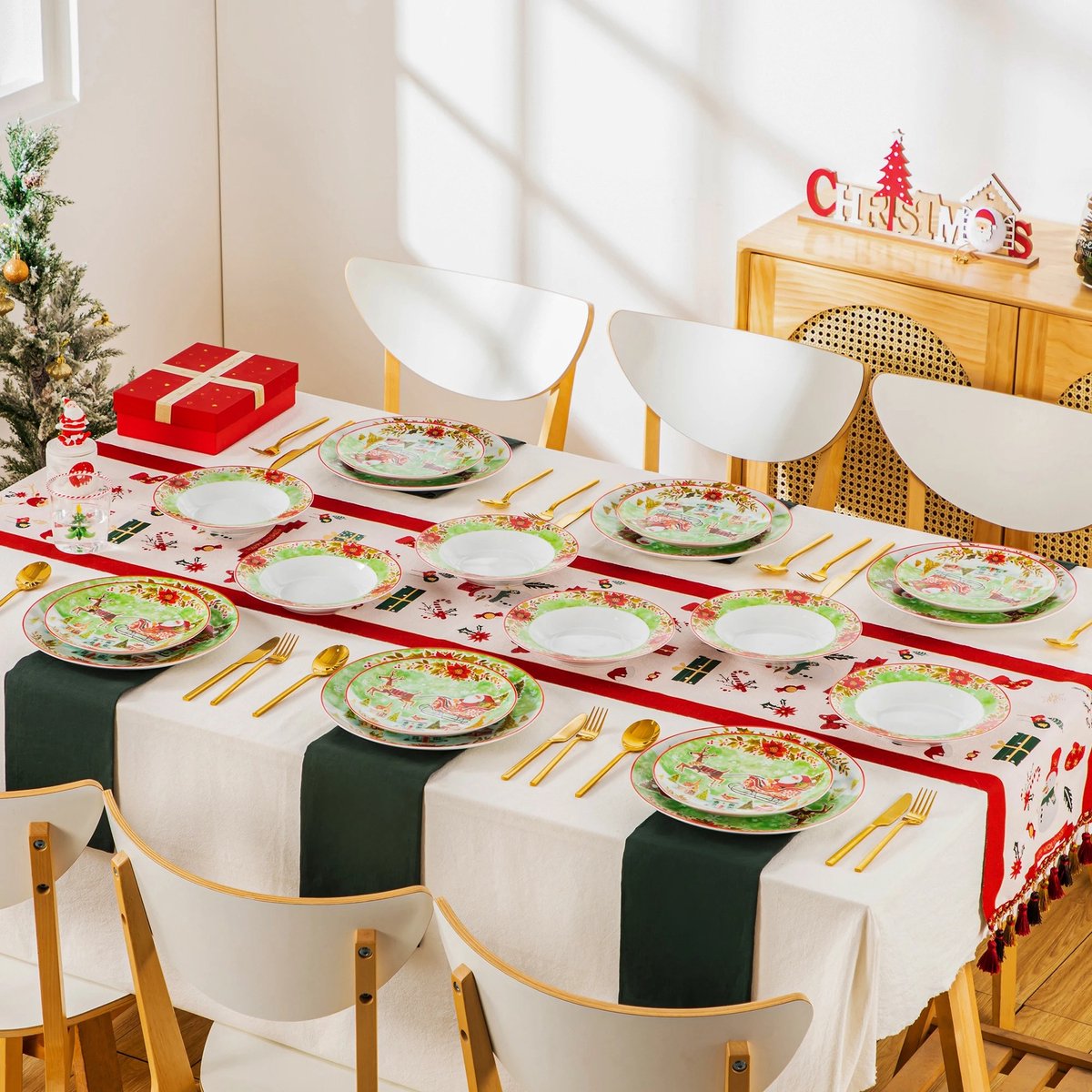 VEWEET Kerst dinerset voor 6, porseleinen borden en kommen, 18-delig, serie Kerstmis