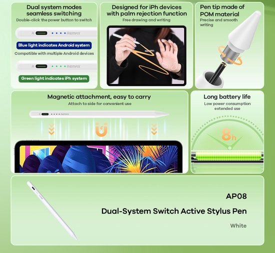 Remax Stylus Pen - Universeel - Wit - Hoge precisie - Lange levensduur batterij van Merkloos — afbeelding 3
