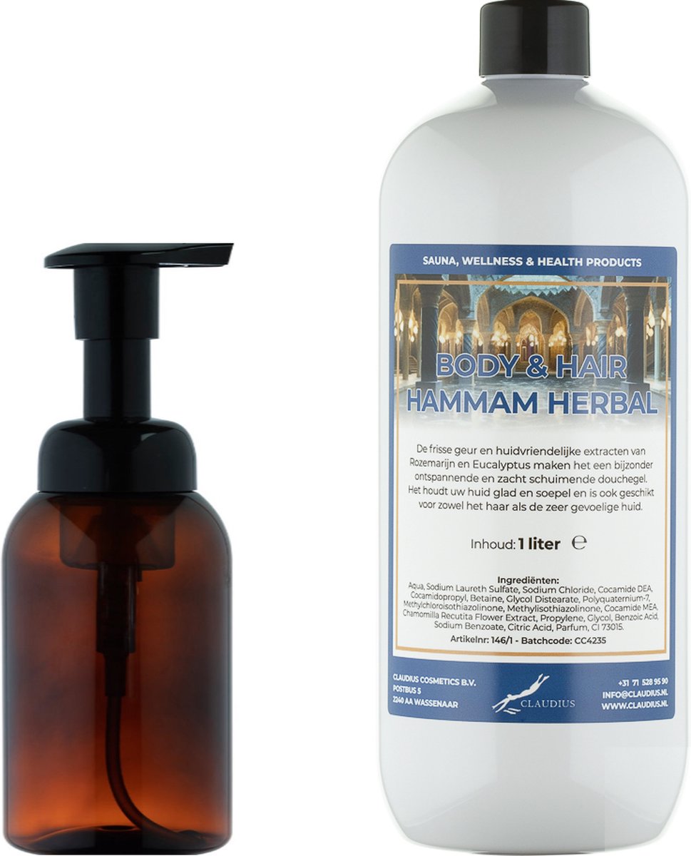 Goedkoopste Zeepdispenser 300 ml amber bruin hervulbaar 1 liter Body & Hair Hammam Herbal navulling