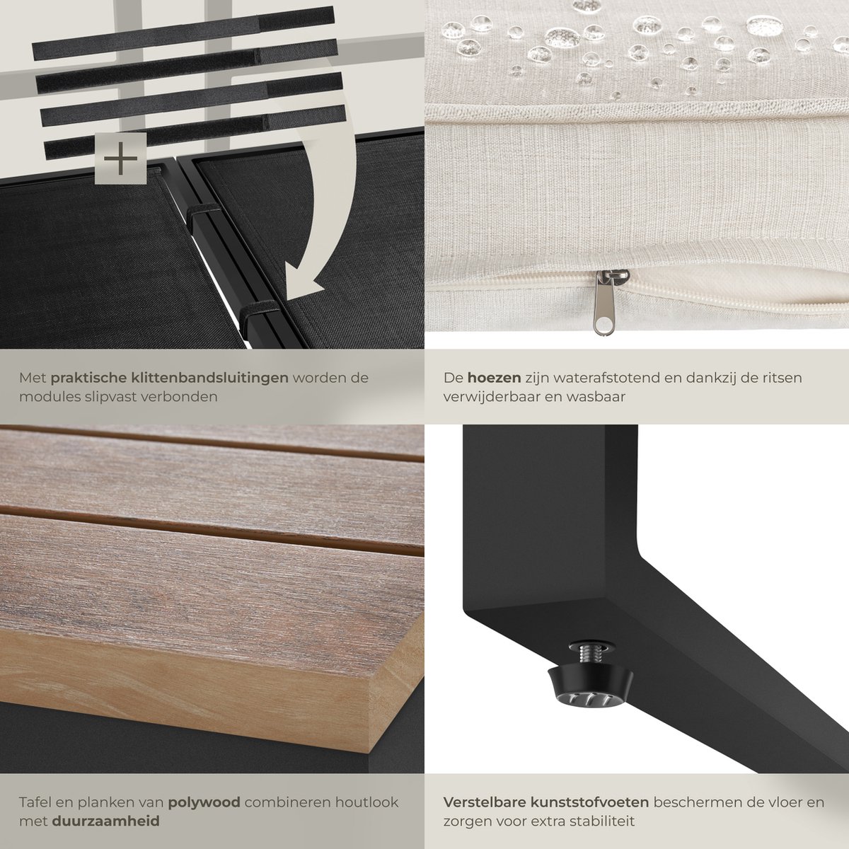 tectake® Tuinset Eliar - 4-Delige Loungeset - 5 Personen - Weerbestendige Hoekbank - Aluminium Frame - Houtlook Zijtafeltjes - Tuinbank -Tuintafel - Verstelbare Rugleuning - Ligbed - Tuinmeubelset met Kussens - Ideaal voor tuin, balkon en terras – foto 7