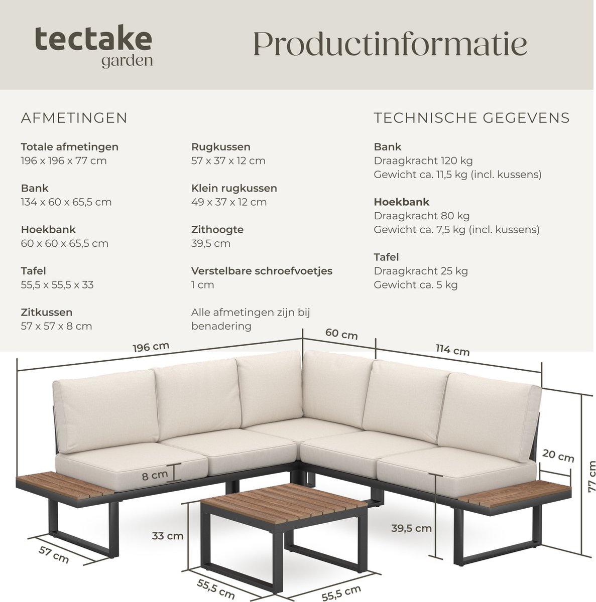 tectake® Tuinset Eliar - 4-Delige Loungeset - 5 Personen - Weerbestendige Hoekbank - Aluminium Frame - Houtlook Zijtafeltjes - Tuinbank -Tuintafel - Verstelbare Rugleuning - Ligbed - Tuinmeubelset met Kussens - Ideaal voor tuin, balkon en terras – foto 4