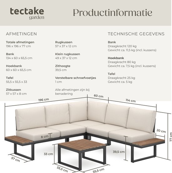 tectake® Salon de Jardin Eliar, 4 pièces, avec structure en aluminium - 5 personnes avec table - bois