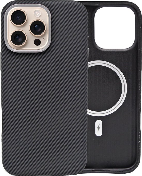 IYUPP Coque adaptée pour iPhone 16 Pro Max – Texture carbone – Compatible avec MagSafe – Zwart