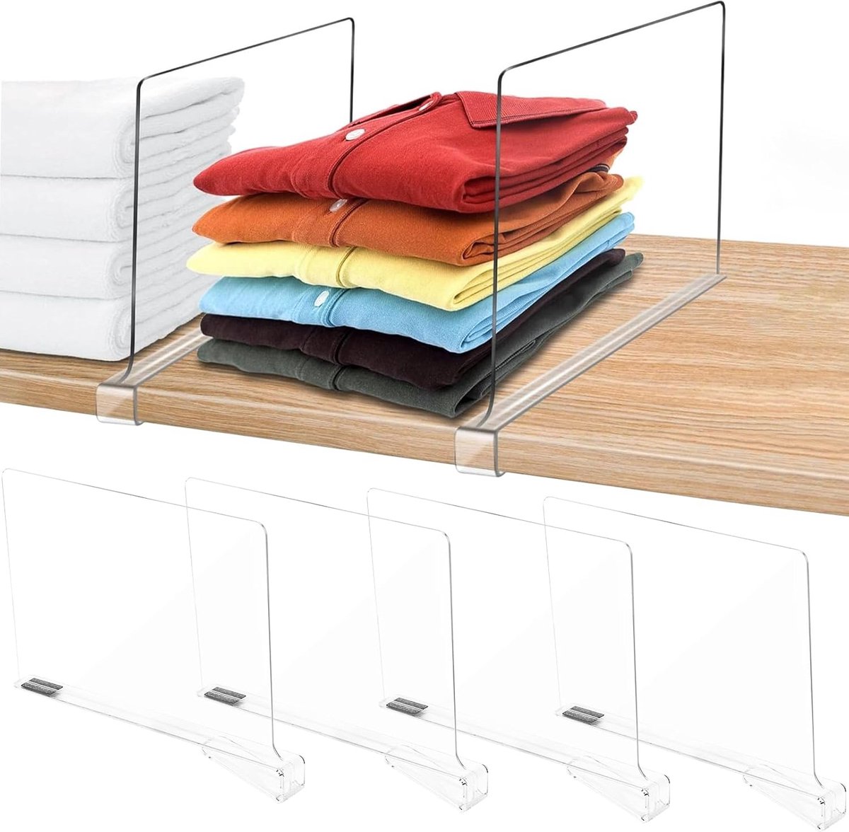 Goedkoopste Inovra ® Multifunctionele, transparante scheidingswanden voor kledingkast, 4 stuks transparante acryl plankverdelers, multifunctionele plankverdeler, verstelbare kledingorganizer