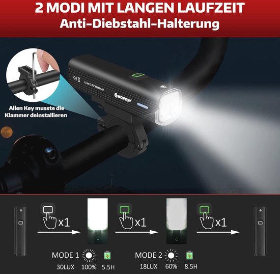 Led-fietsverlichtingsset met Lithium-ion-accu | StVZO-goedgekeurde Fietsverlichting | Superheldere USB Oplaadbare Waterdichte Koplamp voor Mountainbike — afbeelding 3