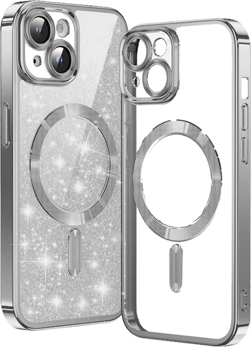 Glitter Telefoonhoesje Geschikt voor Magsafe met Camera Bescherming voor iPhone 15 - FuturiQ - Zilver
