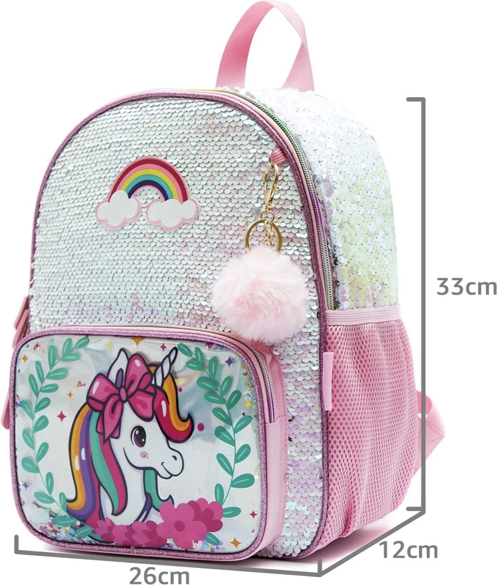 Joya Kids® Unicorn Schooltas Pailletten | Rugzak Meisje | Eenhoorn rugtas | Unicorn rugzak | Backpack meisjes | Paarse Pailletten en Glitter Tas met Etui | 33 x 26 cm | Groep 1 - 4 | 10 Liter – foto 7