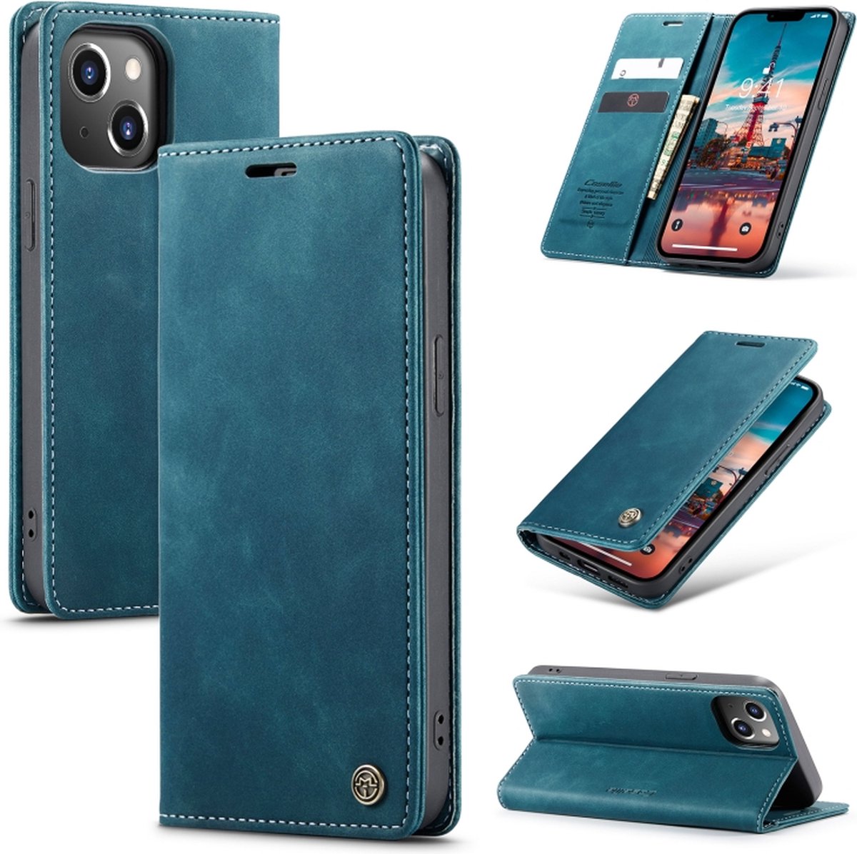 Premium Dun Boekmodel Hoes met vakken voor Pasjes Geschikt Voor iPhone 15 - Blauw