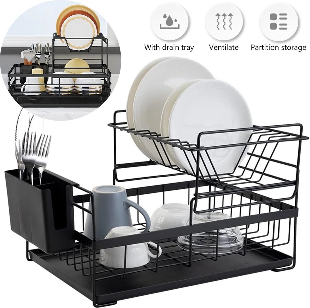 Goedkoopste Mygroot -Afwasdruiprek - Afdruiprek Met Lekbak - Zwart - Afwas Druiprek - Droogrek Met Bestekmand.