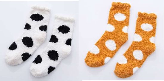Chaussettes moelleuses pour femmes - 2 paires - chaussettes maison - chaussettes de sommeil - jaune - noir - blanc - pointillés - 36 - 40 - chaud - doux - cadeau pour elle - cadeau