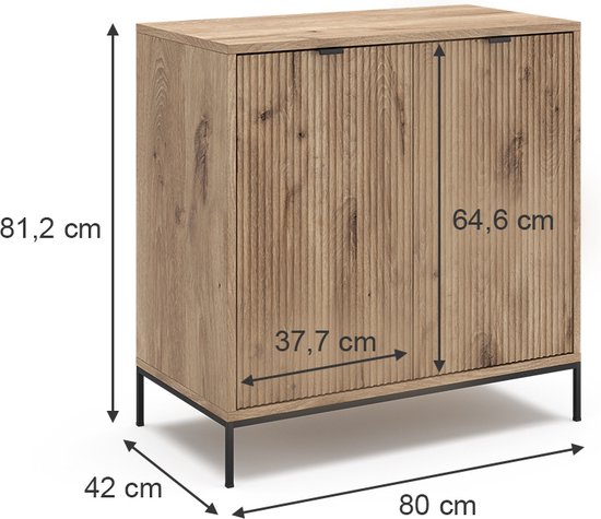 VICCO Eliza kast in Viking Eik met ribbeldeuren en zwarte pootjes, met afmetingen.